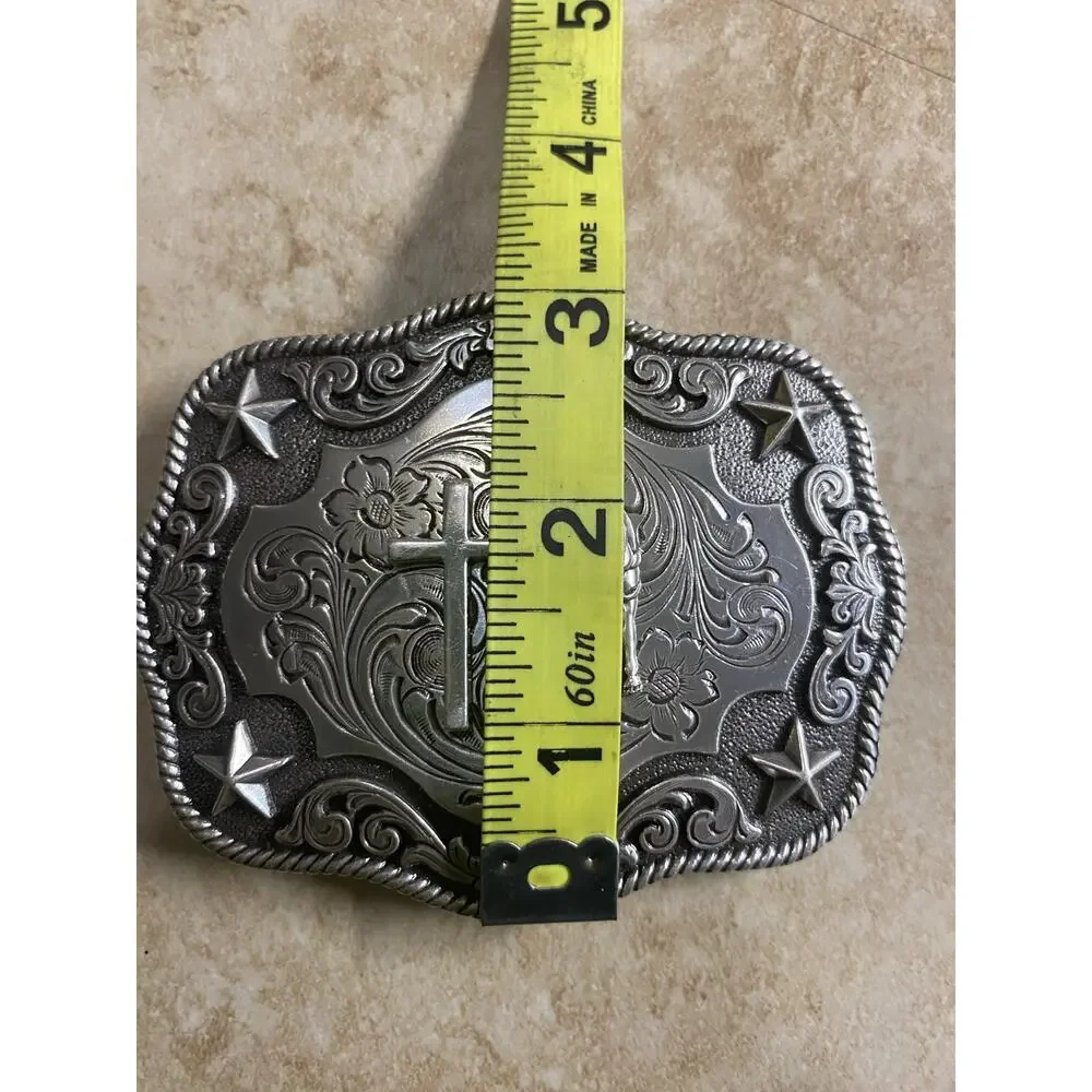 Nocona Buckle Silver Tone cross cowboy on knees horse - Picture 5 of 6